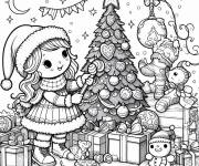 Coloriage Belle fille en d&eacute;corant le sapin de Noel