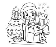 Coloriage Chat et fille en noel gs
