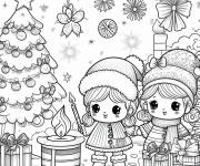 Coloriage Deux filles adorables devant le sapin de Noel