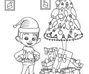 Coloriage Elfe devant le sapin de Noel en maternelle