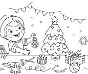 Coloriage Enfant d&eacute;corant le sapin de Noel