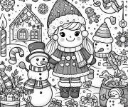 Coloriage Fille et bonhomme de neige en maternelle