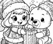 Coloriage Fille et ourson pour Noel