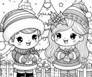 Coloriage Garcon et fille e noel pour petits
