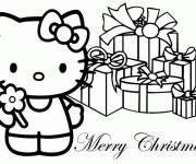 Coloriage Hello Kitty et les cadeaux de Noel en maternelle