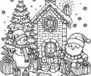 Coloriage Maison, bonhomme de neige pour la f&ecirc;te