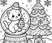 Coloriage No&euml;l avec chaton de No&euml;l