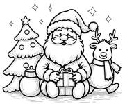 Coloriage P&egrave;re No&euml;l avec un renne et un cadeau