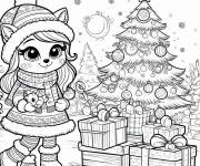 Coloriage Une belle chaton devant le sapin de Noel