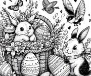 Coloriage Adulte sc&egrave;ne de panier d'oeuf de P&acirc;ques avec un lapin en noir et 