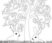 Coloriage et dessins gratuit Deux petits lapins sous un arbre zentangle pour P&acirc;ques à imprimer