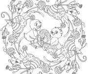 Coloriage Deux poussins mignons et oeufs de P&acirc;ques adulte