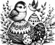Coloriage Image r&eacute;aliste des oiseaux et oeufs de P&acirc;ques pour adultes