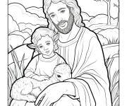 Coloriage J&eacute;sus, petit enfant avec agneau pour P&acirc;ques adulte
