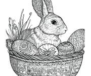 Coloriage Lapin dans panier plein d'deufs de P&acirc;ques