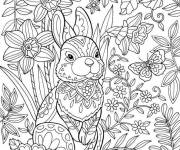 Coloriage Lapin parmi les fleur pour la f&ecirc;te de P&acirc;ques pour adultes
