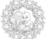 Coloriage Mandala de P&acirc;ques avec poussin et oeuf d&eacute;cor&eacute;
