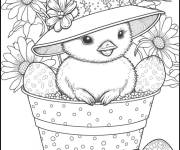 Coloriage et dessins gratuit Poussin portant un chapeau avec des oeufs de P&acirc;ques pour adultes à imprimer