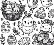 Coloriage Poussins, lapins de P&acirc;ques et panier pour la f&ecirc;te