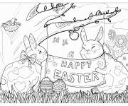 Coloriage Sc&egrave;ne des lapins de P&acirc;ques pour adultes