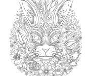 Coloriage Tete de Lapin avec feuilles pour P&acirc;ques adulte