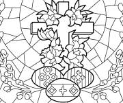 Coloriage Vitrail avec croix de P&acirc;ques adulte