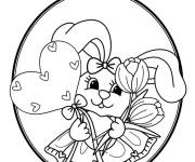 Coloriage Lapin de P&acirc;ques tenant c&oelig;ur et tulipes