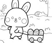 Coloriage Lapin tirant un chariot d'oeufs de P&acirc;ques facile
