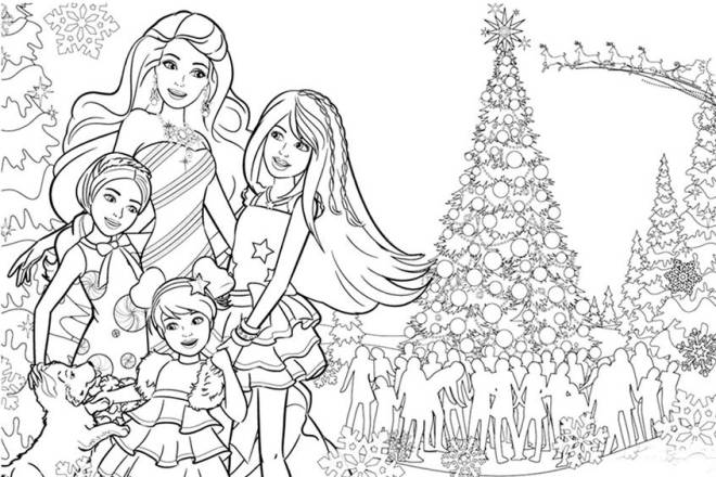 Coloriage et dessins gratuits Princesse Barbie avec sa famille Noel à imprimer