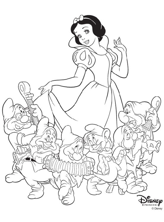 Coloriage et dessins gratuits Princesse Blanche Neige danse avec les septs Nains à imprimer