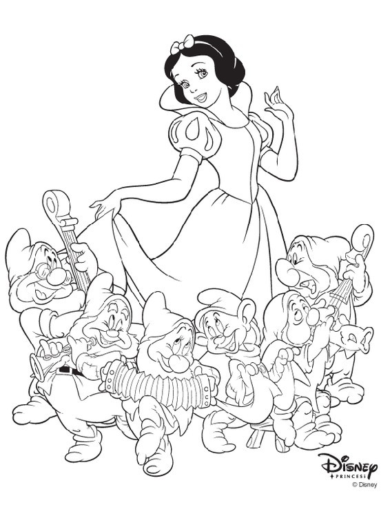 Coloriage Princesse Blanche Neige Danse Avec Les Septs Nains