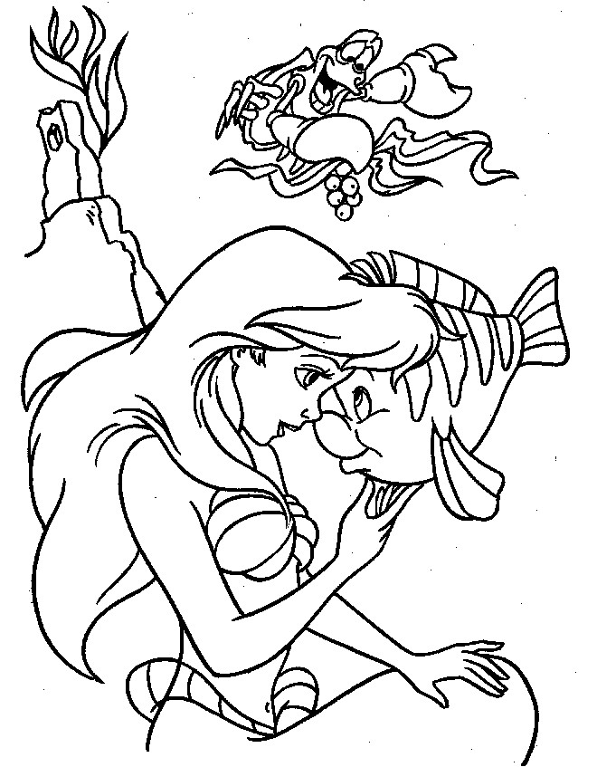 Coloriage et dessins gratuits Princesse Ariel  discutent avec Polochon et Sébastien à imprimer
