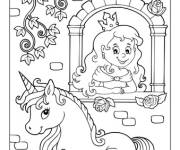 Coloriage La petite princesse sur la fen&ecirc;tre du ch&acirc;teau avec une licorne