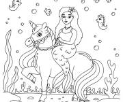 Coloriage La princesse sir&egrave;ne sur sa licorne sous la mer