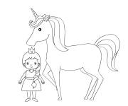 Coloriage Licorne avec une toute petite fille facile maternelle