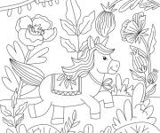 Coloriage et dessins gratuit Licorne princesse avec des grosses et belles fleurs à imprimer