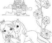 Coloriage Petite Princesse avec sa licorne devant le palais