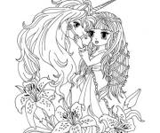 Coloriage Princesse et licorne entourées par des fleurs