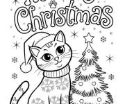 Coloriage Chat en Pull de No&euml;l pr&eacute;s de sapin