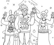 Coloriage Enfants en pulls de No&euml;l c&eacute;l&eacute;brant la f&ecirc;te
