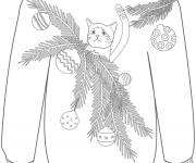 Coloriage Pull de No&euml;l d&eacute;cor&eacute; avec chaton sur sapin