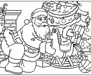 Coloriage Le Père Noël dépose des cadeaux sous le sapin