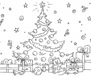 Coloriage Sapin et Beaucoup de cadeaux de Noël