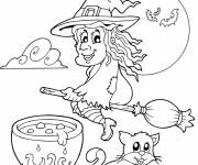 Coloriage et dessins gratuit Halloween, une sorcière et son chaudron à imprimer