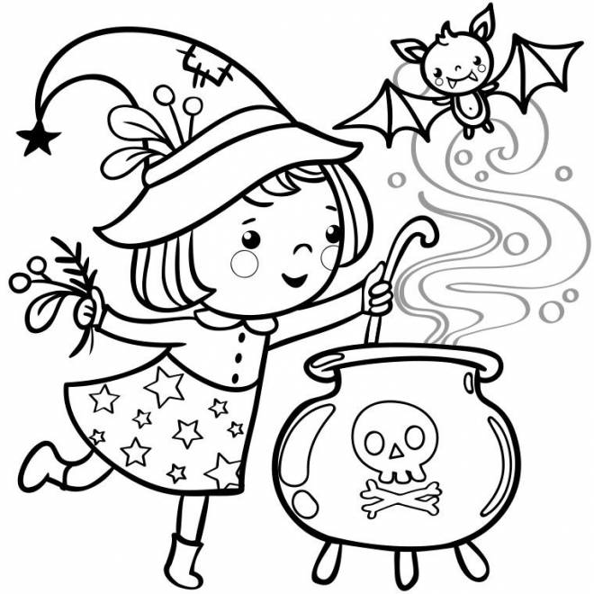 Coloriage petite Sorcière et potion magique Halloween