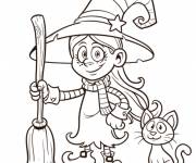 Coloriage et dessins gratuit petite sorcière et son chat Halloween à imprimer