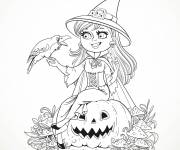 Coloriage sorciere souriante et corbeau à Halloween