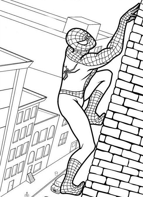 Coloriage et dessins gratuits Spiderman escalade un mur facile à imprimer