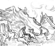 Coloriage Chalets aux toits de chaume et personnages