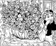 Coloriage Femme aux chrysanth&egrave;mes